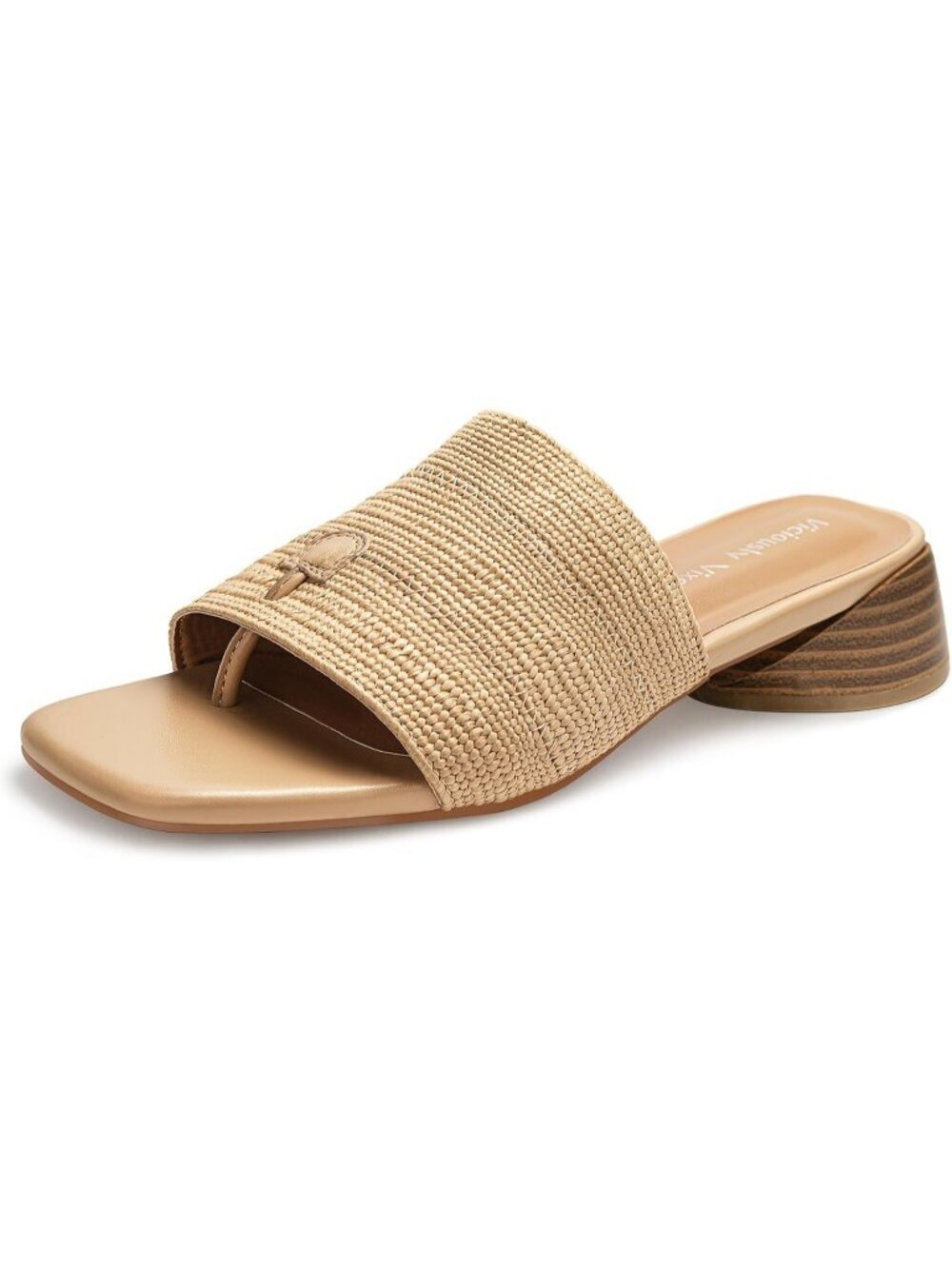 Women's Block Kitten Heels Raffia Slide Mule Sandals Square Open Toe Shoes